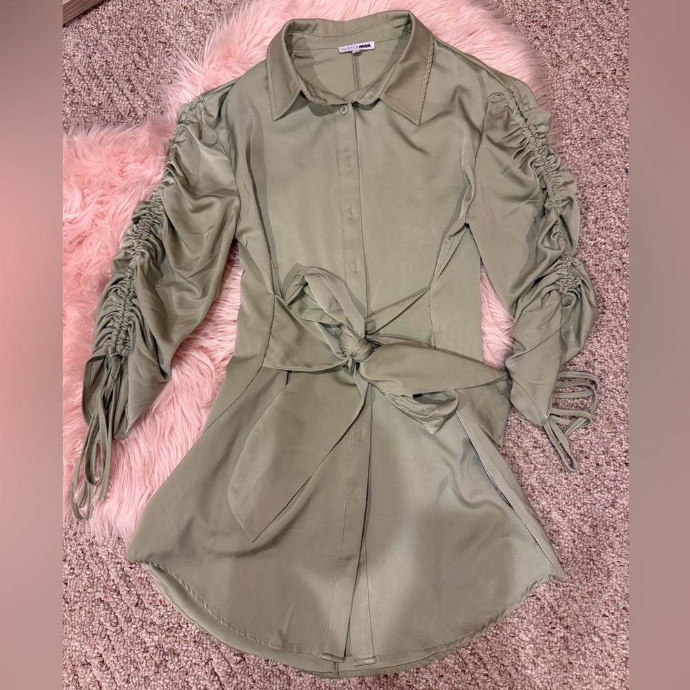 Fashion Nova Green Ruched Tie Front Shirt Dress